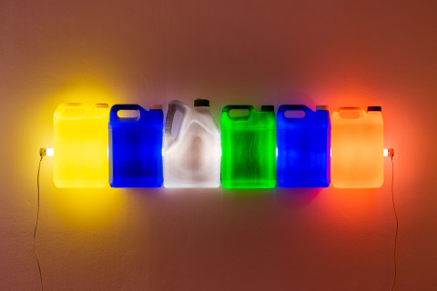 Bill Culbert Strait (Yellow Blue Grey Green Blue Orange), 2015; fluorescent light, plastic bottles; 31 x 120 x 12 cm; enquire