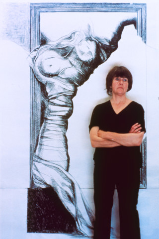 Heather Dorrough Contorted torso on plinth (with self), 1985; charcoal on paper; 213 x 142 cm; enquire