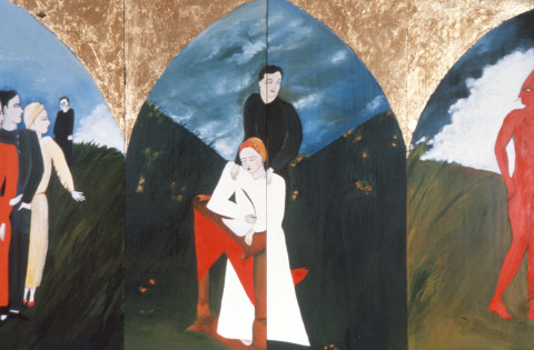 Vivienne Shark LeWitt Goodness Always Triumphs Over Evil, 1984; acrylic on wood, 2 panels; 116 x 75 cm; enquire