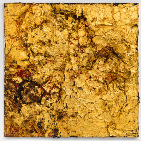 Kirtika Kain gold medium, 2025; plastic, gold leaf, wax, pigment and tar; 120 x 120 cm; more info; enquire