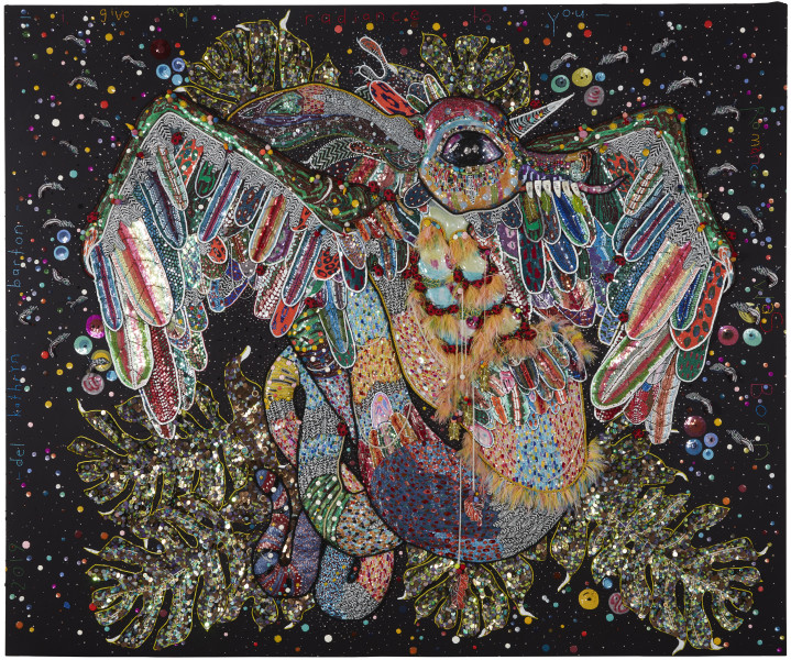 Del Kathryn Barton and Romance Was Born i give my radiance to you, 2018-2019; faceted gemstones, glass, sequins, dupion silk, embroidery silk, resin, plastic, jade, ink, acrylic, freshwater pearls, onyx, amber, Swarovski crystals, cotton on French linen; 300 x 250 cm