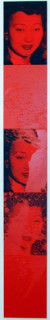 Lindy Lee Red Kuan Yin, 2001; 5 panels; photocopy, acrylic, oil, wax, and ink on board; 207 x 41 cm; enquire