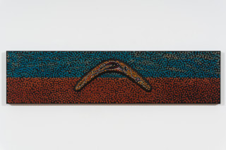 Daniel Boyd Untitled (SBHTCIHSCP), 2025; oil, watercolour, pencil, found boomerang and archival glue mounted on wooden panel; 20 x 80 cm; enquire