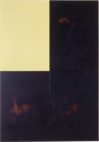 Lindy Lee Entry into the Inconceivable, 1999; oil, acrylic, wax and photocopy on Stonehenge paper on board, 4 panels; 82 x 57 cm; enquire