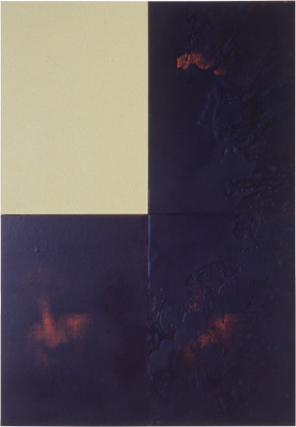 Lindy Lee Entry into the Inconceivable, 1999; oil, acrylic, wax and photocopy on Stonehenge paper on board, 4 panels; 82 x 57 cm; enquire