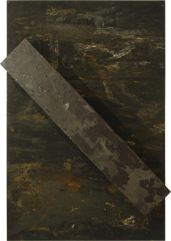 Mike Parr Barred I (OR), 1993; wax and earth pigments on plywood; 360 x 240 x 51 cm; enquire