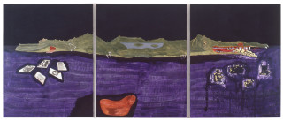 Geoff Lowe Tower Hill: Painting Devours Everything, 1995; synthetic  polymer paint, gold & silver leaf, rice paper on linen; 152 x 122 cm; 3 panels each 125 x 122 cm; enquire