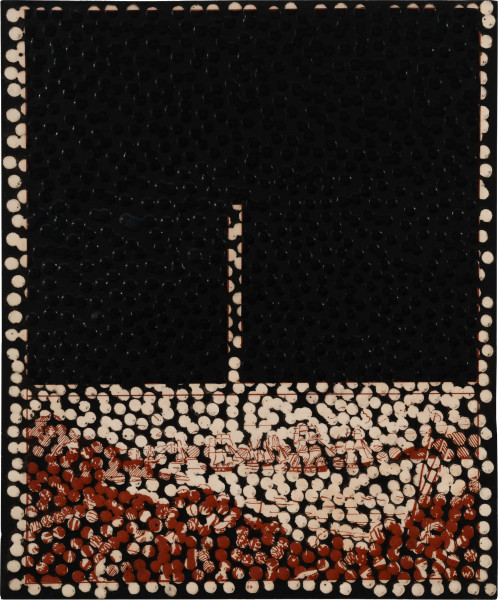 Daniel Boyd Untitled (VKQSTVO), 2025; oil, ink and archival glue on paper mounted to board; 30 x 25 cm; enquire