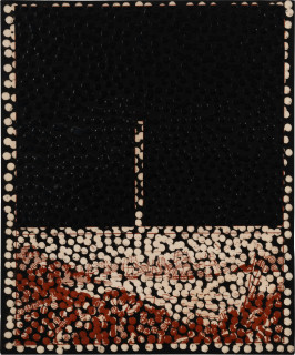 Daniel Boyd Untitled (VKQSTVO), 2025; oil, ink and archival glue on paper mounted to board; 30 x 25 cm; more info; enquire