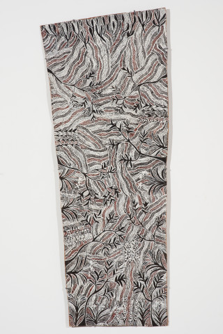 Yalmakany Marawili Wärrkarr, Murrtjumun, Numurray and
Butjiriŋaniŋ, 2024; 1990-24; earth pigments on Stringybark; 141.5 x 56 cm; more info; enquire
