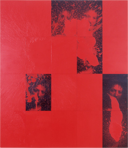 Lindy Lee Blood Radiant, 0; photocopy, oil, acrylic and wax on board; 20 panels, 166 x 146.5 cm; enquire