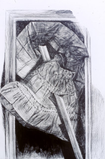 Heather Dorrough Framed skirt with fibre, 1985; charcoal on paper; 211 x 142 cm; enquire