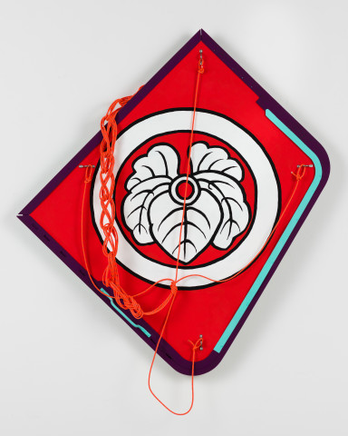 Claire Healy and Sean Cordeiro Tosa Dako, 2020; Iroquois aircraft panel, acrylic gouache, response accessory cord; 115 x 105 x 10 cm; more info; enquire