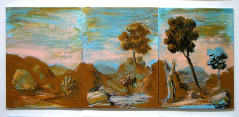 Tony Clark Sections from Clark's Myriorama, 2006; acrylic and permanent ink on canvas board; 3 panels, overall dimensions 30.5 x 68 cm; enquire