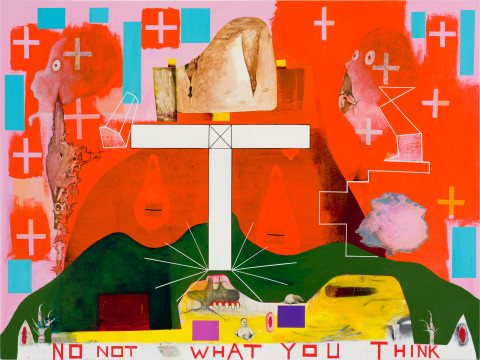 Gareth Sansom No not what you think, 2020-22; oil, enamel, and collage on linen; 183 x 244 cm; more info; enquire