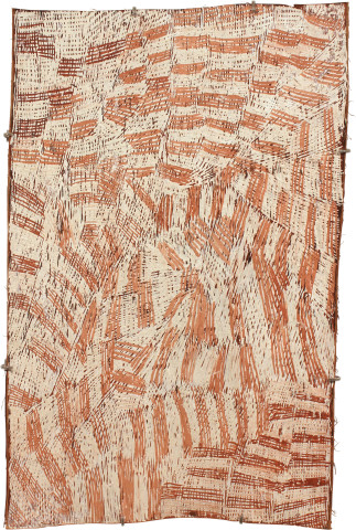 Nyapanyapa Yunupiŋu Pink and White, 2011; 3926X; natural earth pigments on bark; 82 x 54 cm; enquire