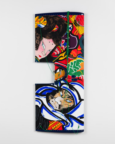 Claire Healy and Sean Cordeiro Gojo-ohashi, 2020; panel of Iroquois aircraft, acrylic gouache, polyester cord; 170 x 68 x 10 cm; more info; enquire