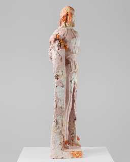 Linda Marrinon Woman in pink and white stone, 2026; tinted and painted plaster with muslin; 99 x 28 x 25 cm; enquire