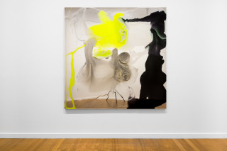 installation view; Dale Frank Jeff and Adam have a wonderfull family having over the last 20 years found four boys from three States, always on Christmas holidays, and two have turned out to be good lookers, 2026; colour powder pigments in Epoxyglass, Epoxyglass, on perspex; 200 x 200 cm; enquire