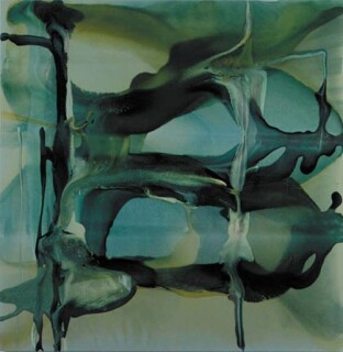 Dale Frank Apple Tree Creek Flat back to Dollarnill ignoring the Shell, 2003; varnish on acrylic on canvas; 180 x 180 cm; Enquire