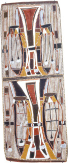 Les Midikuria Kunmatj, 1993; natural ochre pigments on bark; 64 x 162 cm; enquire