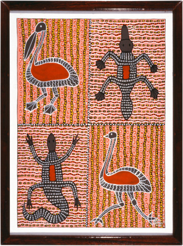 Robert Campbell Jnr Pelican, Platypus, Emu & Goanna DUPLICATE ???, 1986; acrylic on board; 97.5 x 72 cm; enquire