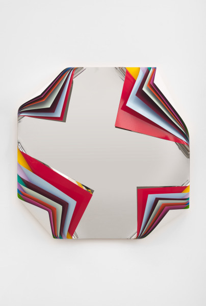 Jim Lambie Metal Box (You And Music), 2025; aluminium and polished steel sheets, gloss paint; 125 x 125 cm; enquire