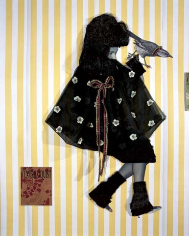 Jacqueline Fraser The Ventriloquist, 2005; French beaded flower organza, faux fur, sequin knit lace, pleated taffeta ribbon, wig, back light photo, French silk brocade; 140 x 100 cm; enquire