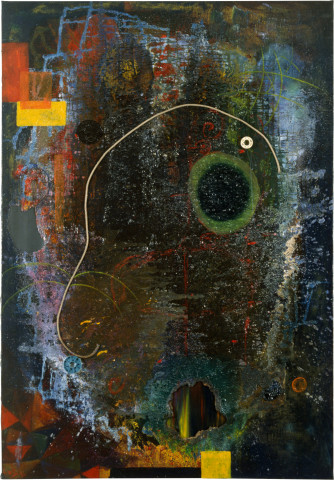 Dale Frank The Line and Round and Round of the green Fly, 1986; acrylic & mixed media on canvas; 204 x 142 cm; enquire