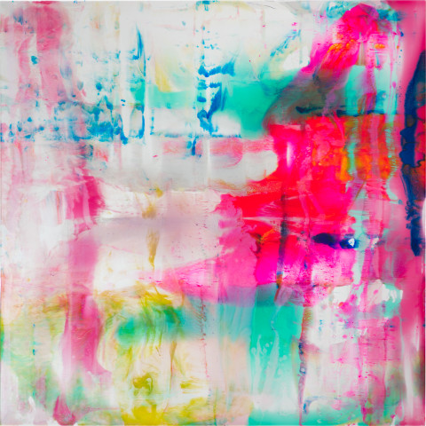 Dale Frank After their first night together she developed eczema over her thighs and legs but said it had nothing to do with him being indigenous, 2020; powder pigments in resin, epoxyglass, on Perspex; 200 x 200 cm; Enquire
