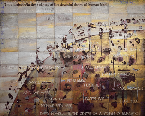 Imants Tillers Melancholy Landscape VIII, 2012; acrylic, gouache on 72 canvas boards, nos. 91584-91655; 226.6 x 283 cm; enquire