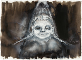 Fiona Hall Caged 6., 2017; Cat no. 57; gouache and tapa dye on rag paper; 57 x 76 cm; enquire
