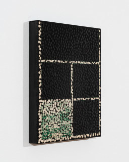 Daniel Boyd Untitled (IWHTCUP), 2025; oil, ink and archival glue on paper mounted to board; 30 x 25 cm; enquire