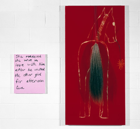 Jenny Watson Friendship, 1992; Oil on velvet with ribbon and false horse tail; 150cm x 76cm; 50.5cm x 40.5cm; enquire