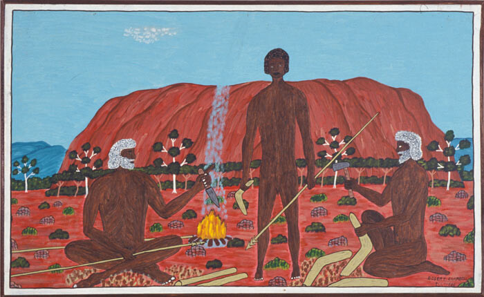Robert Campbell Jnr Teaching to make spear and Boomerang, 1988; acrylic on canvas; 54 x 88 cm; enquire