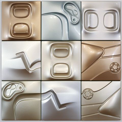 Patricia Piccinini Pearl, 2005; ABS plastic and automotive paint, 9 panels; 150 x 150 x 10 cm; each panel: 50 x 50 x 10 cm; enquire