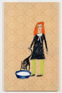 Jenny Watson Milk, 2026; acrylic on French damask; 130 x 80 cm; enquire