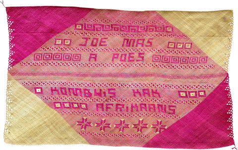Newell Harry untitled (Joe [Jou] Mas A Poes Kombuis Kak Afrikaans), 2007; from the series gift mat; pandanus and dye; 126 x 198 cm; irregular; enquire