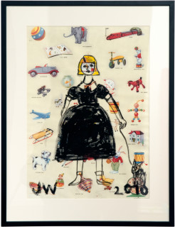 Jenny Watson Classic Black 6: girl with dog, 2010; acrylic on Italian nursery paper; 90 x 69 cm (framed); enquire