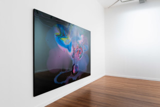 Dale Frank Past 4am lurching out over the 19th floor hotel balcony he let the drink in his hand drop, 2024; transparent dye, powder pigments, epoxyglass, on Perspex; 200 x 300 cm; enquire