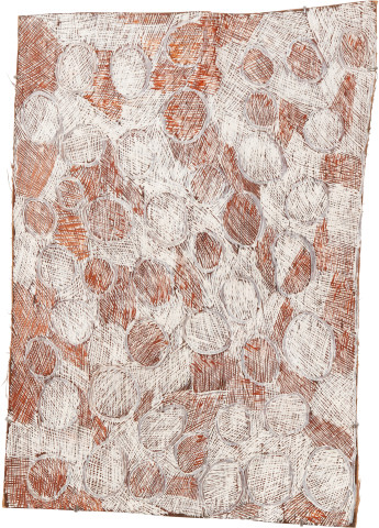 Nyapanyapa Yunupiŋu Mangutji #3, 2010; Natural earth pigments on bark
3710U; 106 x 76 cm; enquire