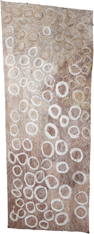 Nyapanyapa Yunupiŋu Circles, 2016; 5001M; natural earth pigments on bark; 191 x 74 cm; enquire