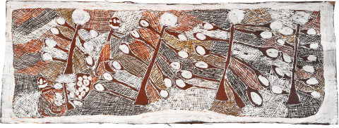 Nyapanyapa Yunupiŋu Picking Wild Apples, 2008; Natural earth pigments on bark
3424K; 50 x 136 cm; enquire