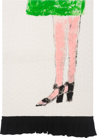 Jenny Watson French Shoes and Green Skirt, 2022; acrylic on vintage American fabric and black frill; 70 x 46 x 2 cm; more info; enquire