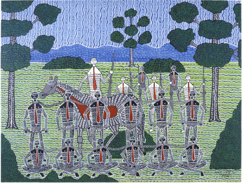 Robert Campbell Jnr Chained Aboriginals, 1987; acrylic on canvas; 91 x 120 cm; enquire