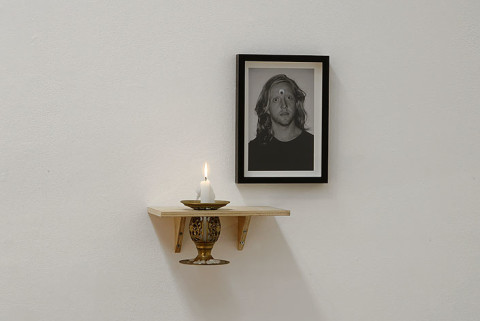 Christopher Hanrahan As Is The Gardener Such Is The Garden (soul man), 2006; plywood, candle, candle-holder, archival digital print and googly eye; 2 pieces: 30 x 20 x 27cm; 31 x 22.5 cm; enquire