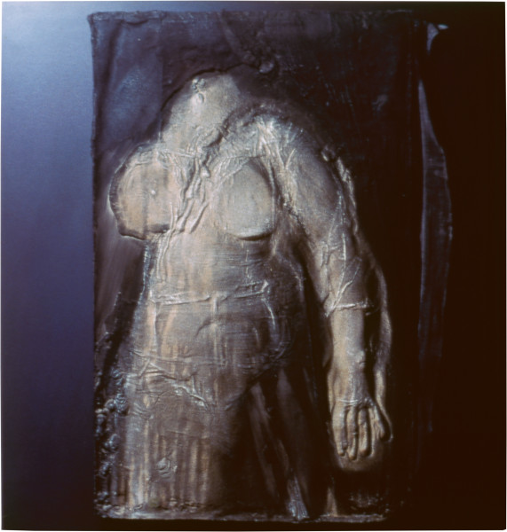 Heather Dorrough, Plaster cast on black ground, 1985; plaster, sand, fibre, acrylic paint on particle board; 120 x 140 x 6.5 cm