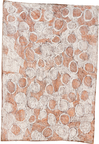 Nyapanyapa Yunupiŋu Mangutji #7, 2010; Natural earth pigments on bark
3903E; 113 x 78 cm; enquire