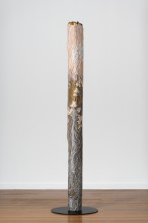 Yalmakany Marawili Meditjin, 2025; 7970-25; earth pigments on stringybark hollow pole; 240 x 20 x 20 cm; enquire