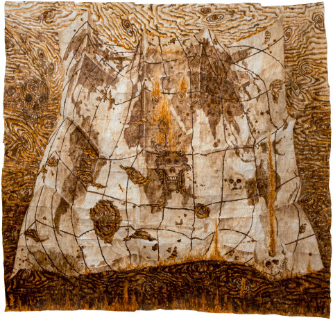 Fiona Hall Take No Prisoners, 2013; bark cloth with earth pigments and plant dyes; 230 x 240 cm; enquire